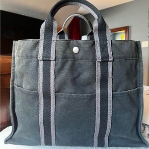 Hermes Black and Gray Canvas GM Tote